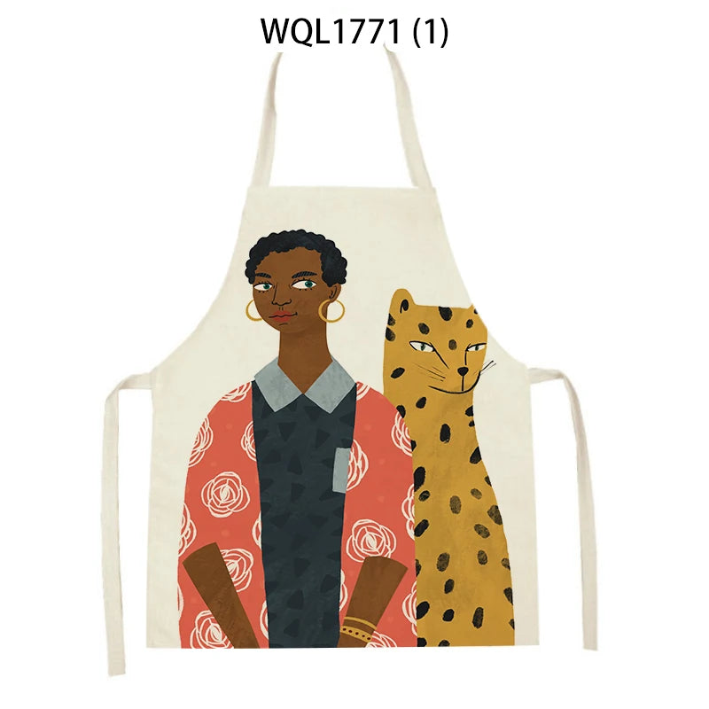 Kitchen Apron Modern Girl Plants Pattern Linen Aprons for Women Men Household Cleaning Apron Cooking Baking Accessories