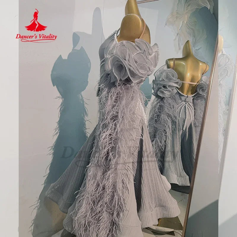 Modern Dance Performance Costume High-end Luxury Feather Backless Dress Adult and Children's Ballroom Dance Competition Clothing