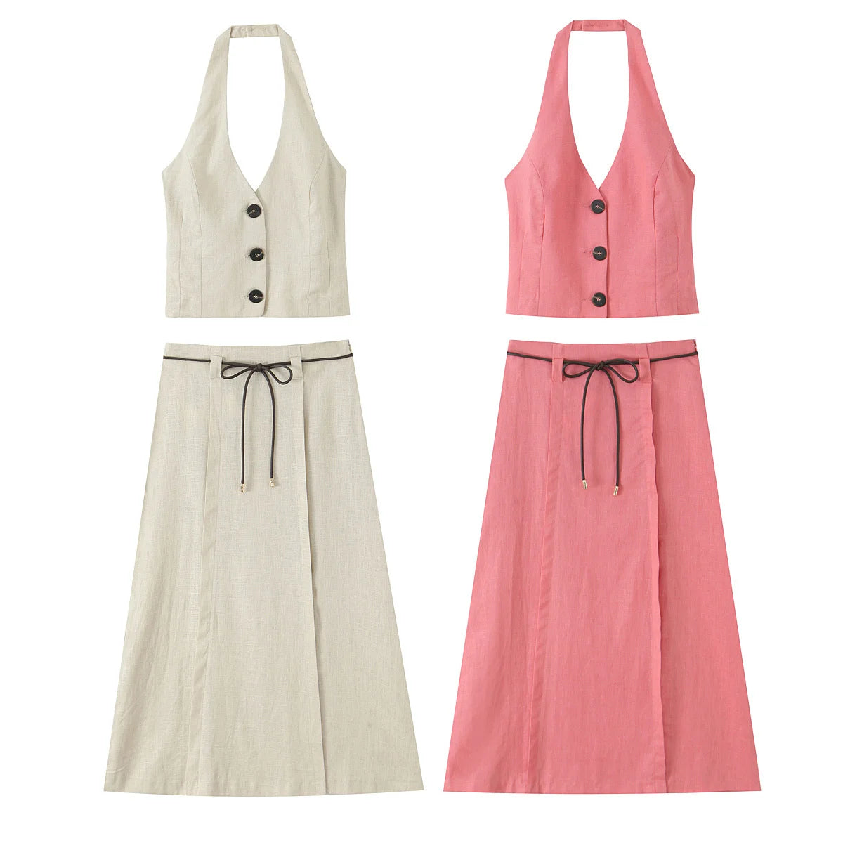 HH Women Skirts Set Hanging Neck Collar Backless Single-breasted Short Tops+A-Line High Waist Lace-up Skirt Women Suits