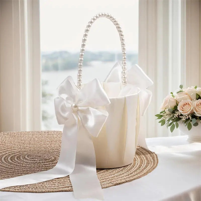 White Girls Flower Basket Silk Wedding Basket Flower Bride Girls Kids Hand Held Wedding Party Wedding  Bridal Flower Basket