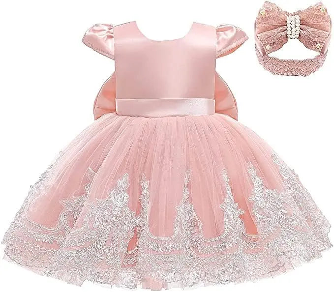 Infant Baby Embroidery Gown Elegant Girl Dress Satin Big Bow Tulle Dress V Back Prom Wedding Birthday Party Formal Baptism Dress