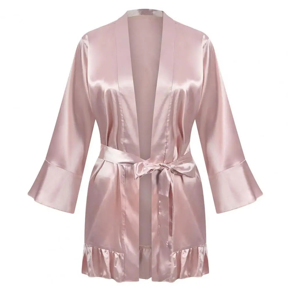 Women Sleeping Robes Silky Sleepwear Ruffle Lace Up Lady Sleeping Gown Smooth Surface Women Nightdress Sleeping Clothes