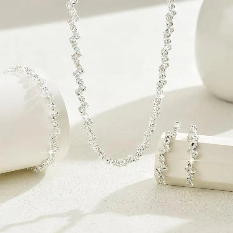 57QA Dazzling Rhinestones Crystal Bridal Jewelry Unique Bride's Jewelry Set Rhinestones Necklace Bracelet Earrings Ensembles