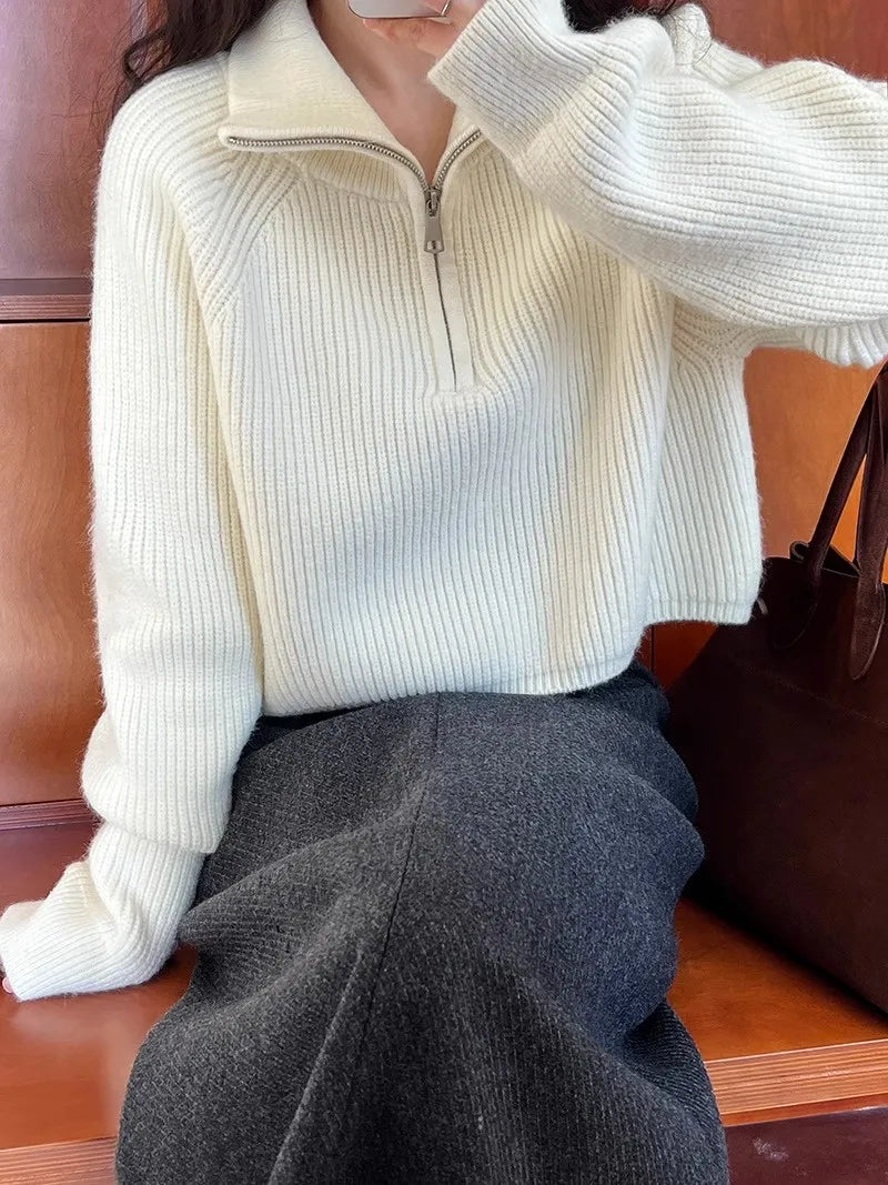 Sweater Pullover Women Autumn Winter 2025 New Zipper Underlay Loose Short Style Popular Premium Sweater Female Tops