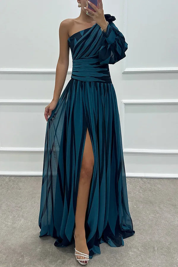 Dress Long Dress 2024 Spring and Autumn New Temperament Fashion Printed Slant Shoulder Split Dress INS Casual Loose Party Dress