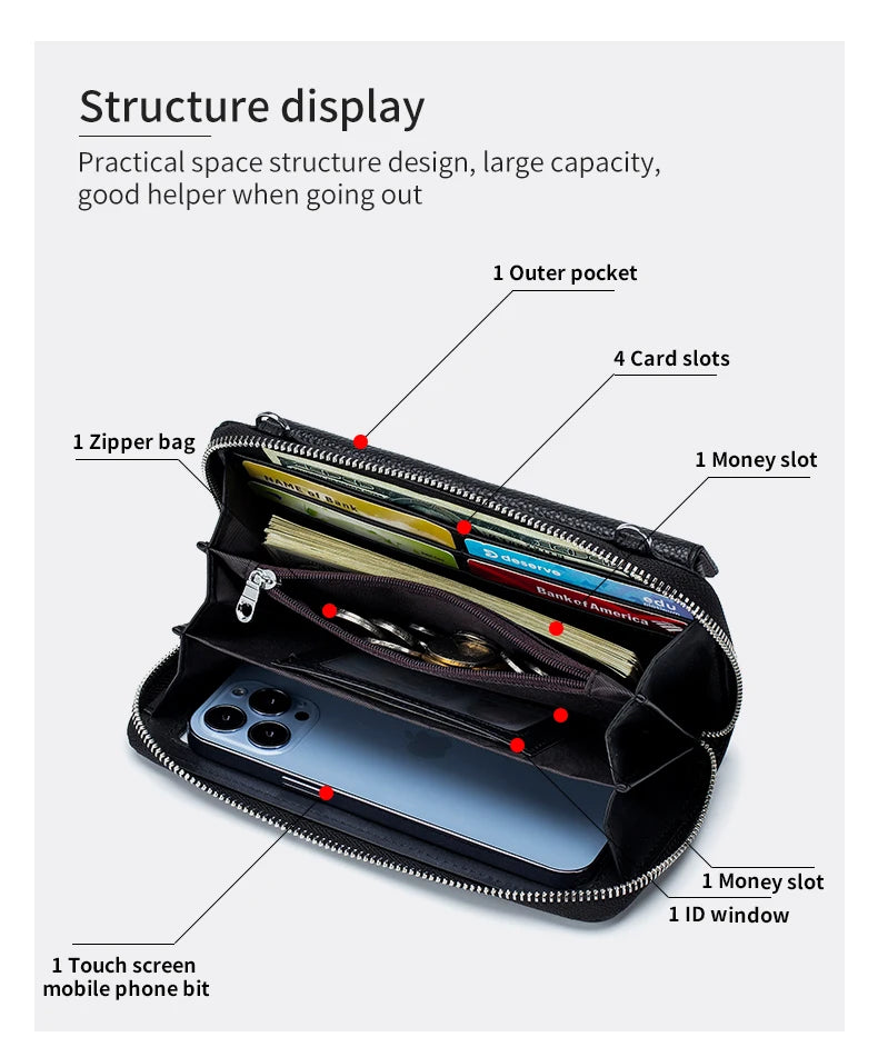 New Women Handbags Female Genuine Leather Shoulder Bags Multi Functional Large Capacity Crossbody Bags Touch Screen Phone Bag