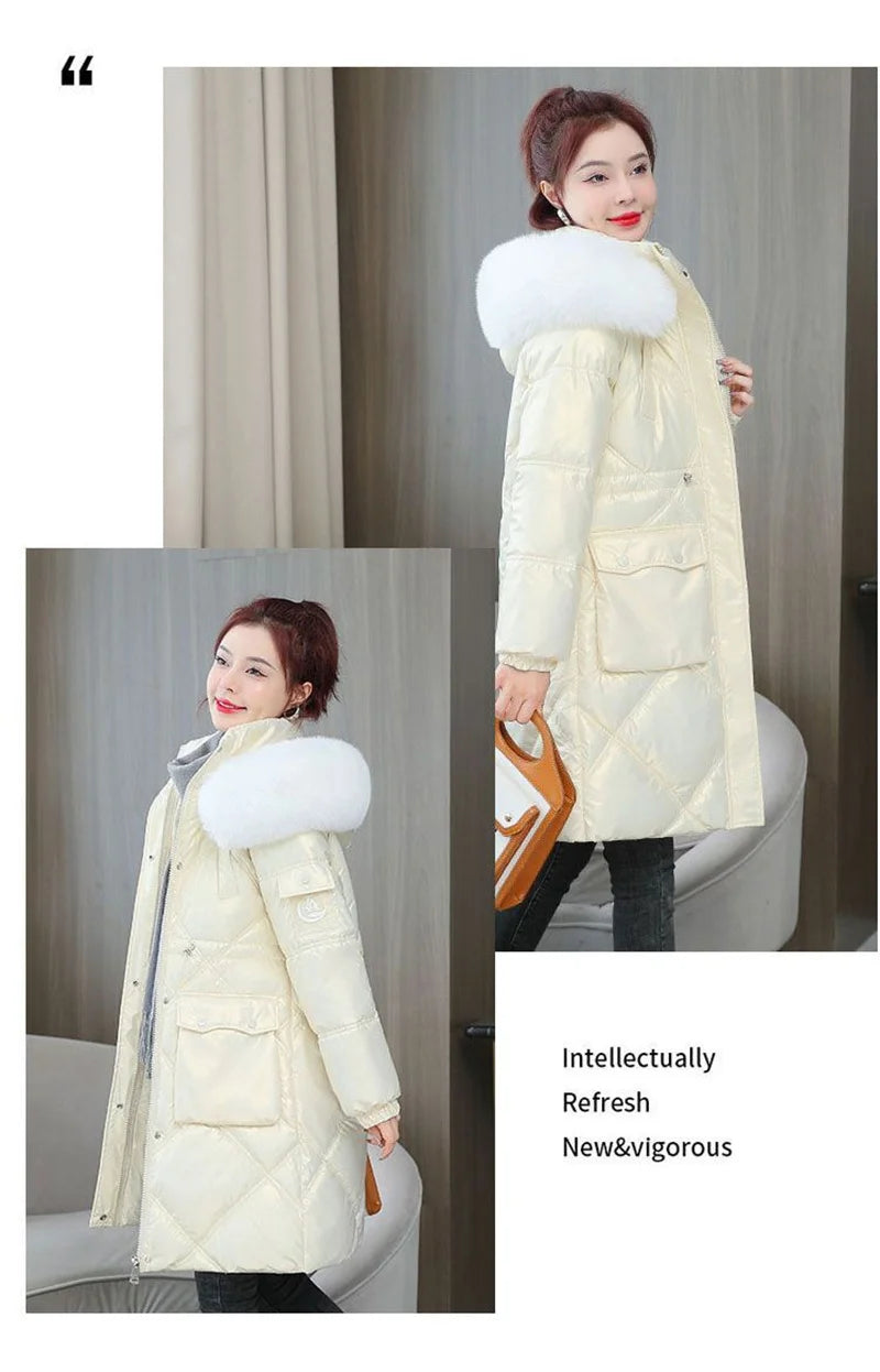 Champagne Winter Jacket Parkas Women Coat Fur Collar Hooded Overcoat Female Jacket Thick Warm Cotton Padded Puffer Parka Outwear