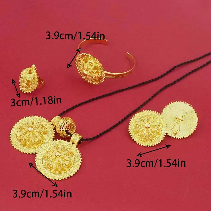 Classic 24K gold-plated jewelry necklace, bracelet, ring, earring flower design women's Habesha wedding gift Ethiopia set