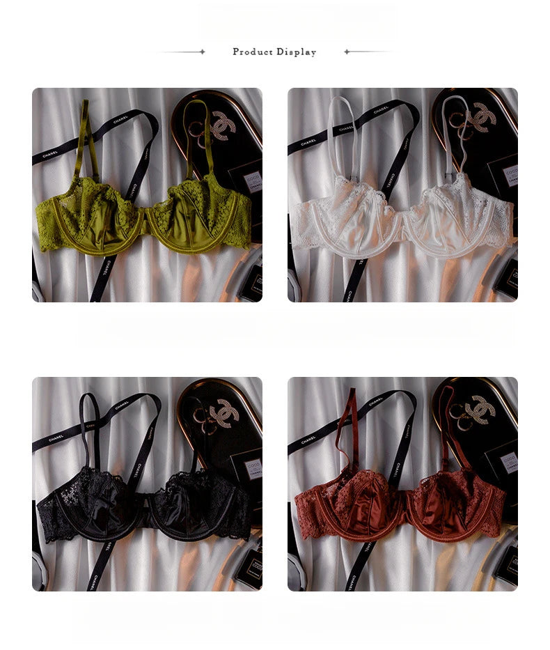 Sexy Hot Bra for Women Half Cup Ultra-thin Lace Large Breasts Show Small Chest Anti-sagging Bra Set Lencerias Sexy Underwear
