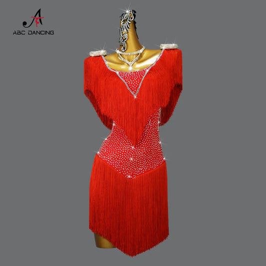 Red Latin Dance Fringed Dresses Sexy Womens Competition Costume Adult Female Party Clothes Cabaret Practice Wear Girl Stage Suit
