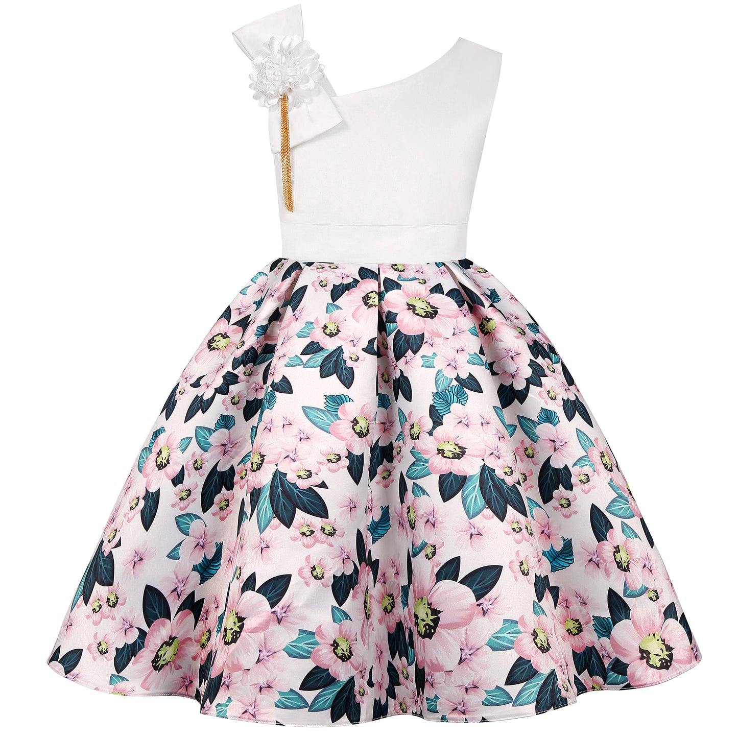 Fashionable floral off-the-shoulder dress, flower girl outfit, graduation dance dress, elegant evening gown, beauty pageant gown