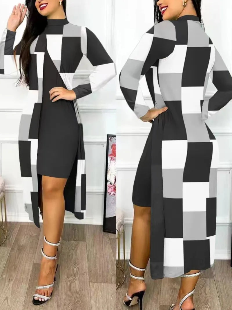 Two Piece Set Women Print Dresses Sets Full Sleeve Half High Collar Split Cardigan Dress Suits Elegant A Line Office Lady Y2k