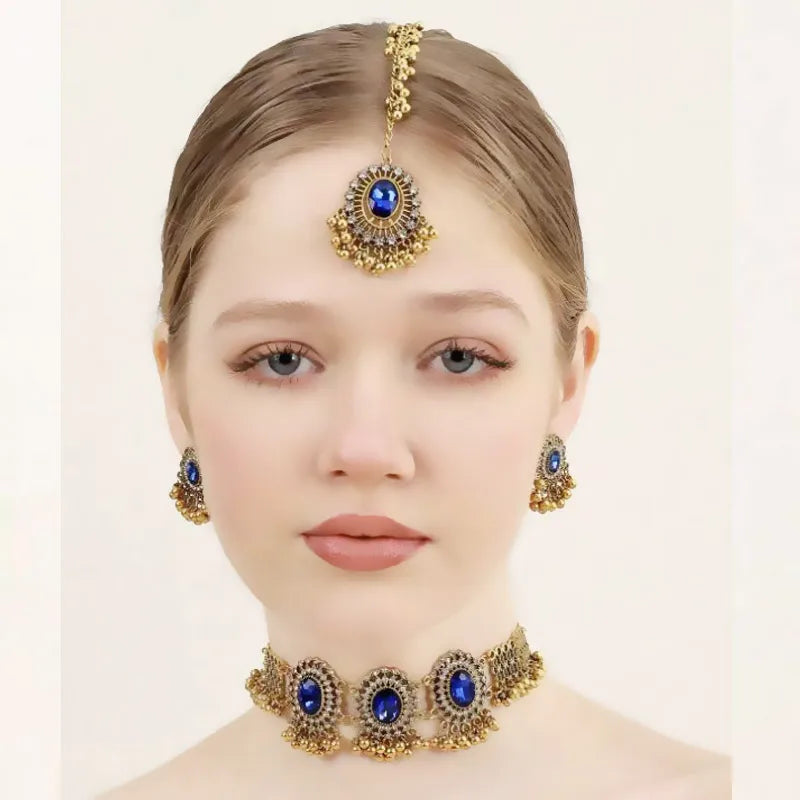 Ethnic Jewelry Set Glasses Stone Jewelry Sets Hollow Metal Pendant Necklace Earrings Headchain Set For Women Jewelry Gifts