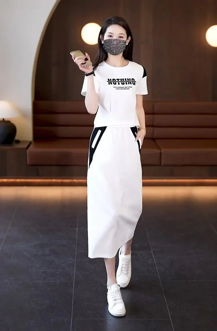 Women's Two Piece Set Short Sleeve Lightly Cooked Slit Skirt Luxury Designer Clothing Y2k Clothes Top and Bottom Female Outfits