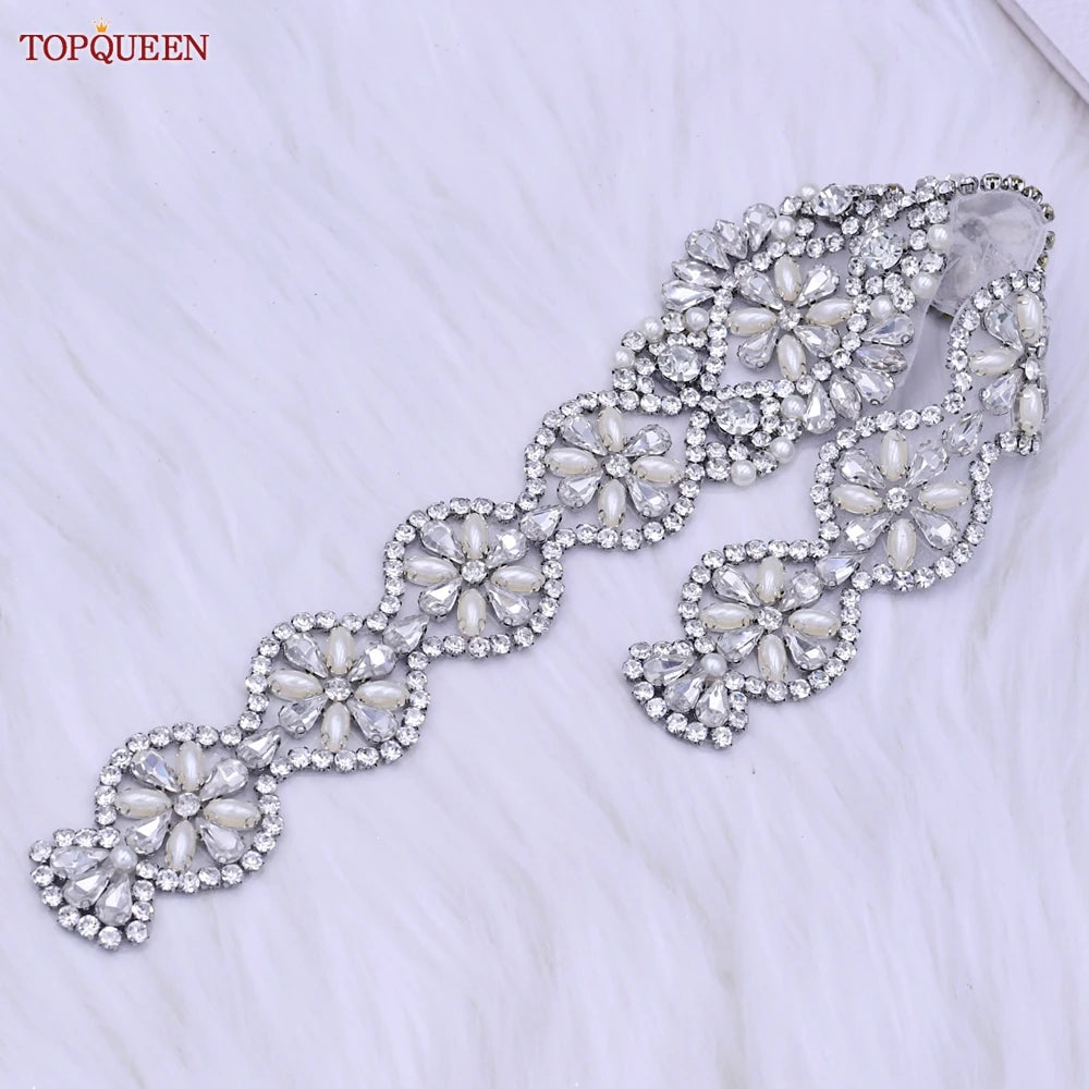 TOPQUEEN Bridal Belts Bling Wedding Women Jewelry Silver Rhinestone Pearl Crystal Sparkly Party Formal Dress Diamond Sash S161