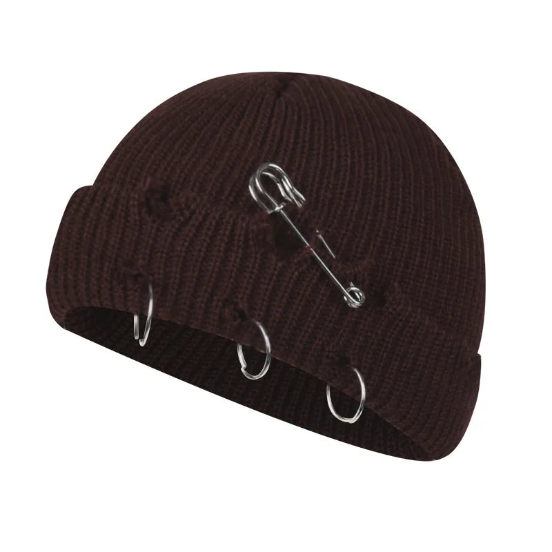 Hat for Women Autumn and Winter Ring Pin Street Hip-Hop Woolen Hats with Holes Edging Knit Cap Men's Trendy Cold-proof Beanies