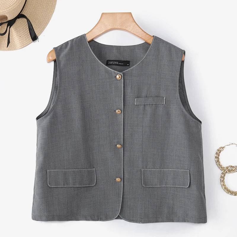 ZANZEA Outerwear 2025 Fashion Women Vests Thin Coats Sleeveless Casual Loose Solid Color Elegant Streetwear Summer Buttons Shirt