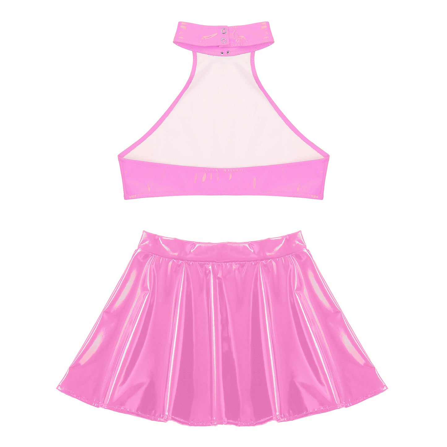 Womens Two Pieces Rave Party Outfits O Ring Halter Vest Tops Backless Patent Leather Crop Top with Invisible Zipper Flared Skirt
