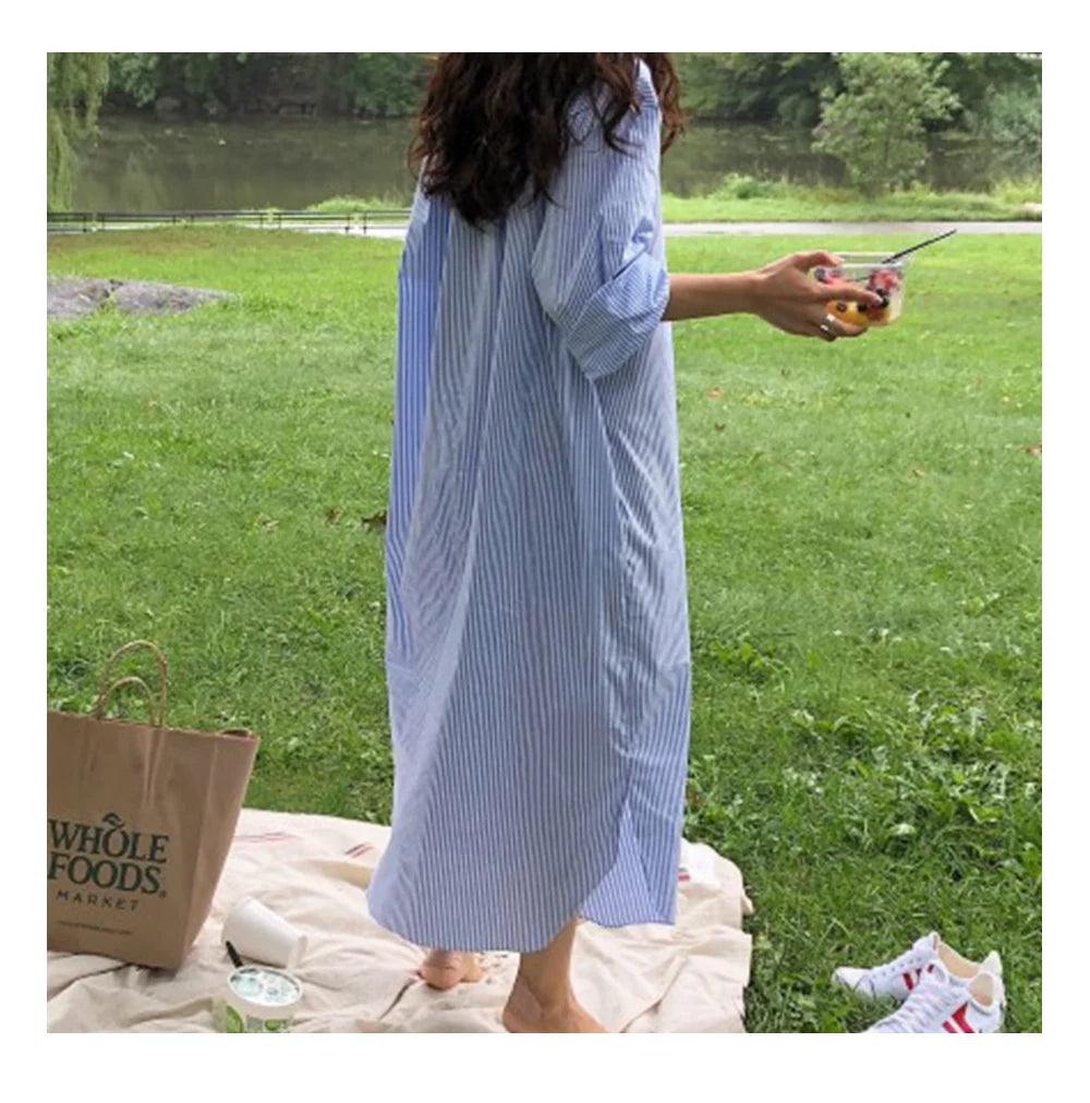 Women's Skirt Popular Fashion Casual Office Lady Dress New Korean Striped Versatile Lapel Female Long Sleeved Long Classic Skirt