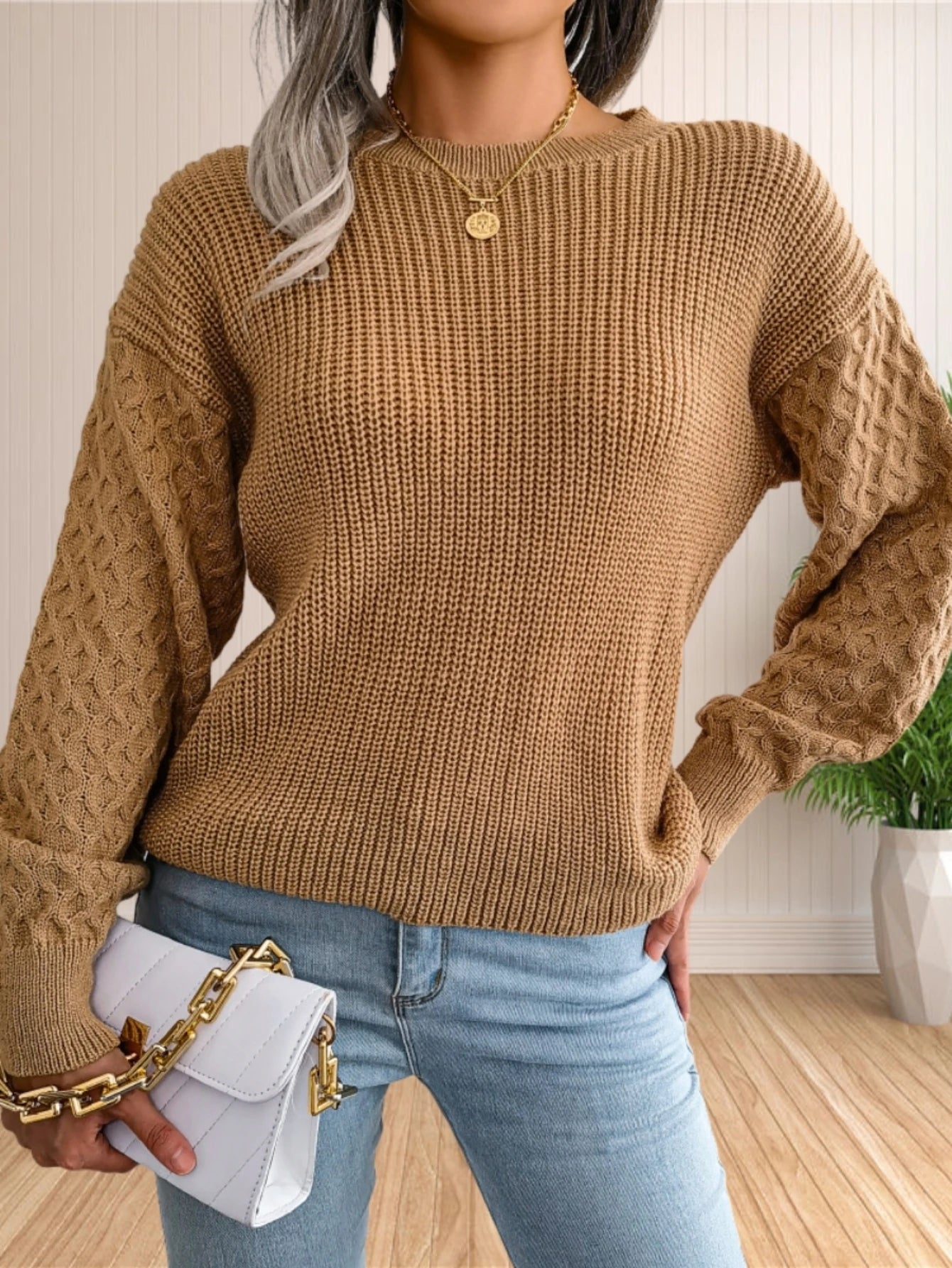 Sweater for Women Cable Knit Crew Neck Long Sleeves Fashion Casual Pullover Sweater Tops