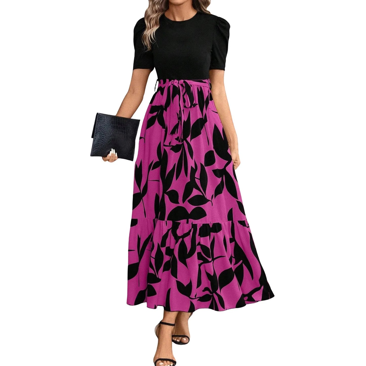 Elegant Women'S Dresses Floral Print High Waist Long Dresses Y2k Short Sleeved Round Neck Office Clothing Vestidos Para Mujer