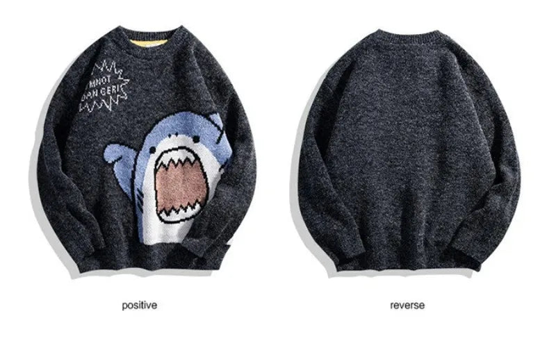 Shark Sweater Men Winter Cartoon Harajuku Korean Y2k Oversized Turtleneck Hip Hop Loose Knit Jumper Pullover High Collar Sweater