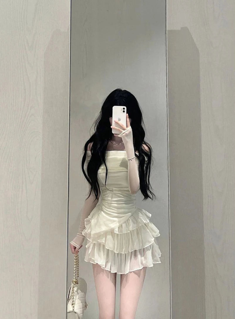 Skirts Sets Women Summer Slim Solid Irregular Skew Collar Ladies Long Sleeve T Shirt Fashion Chic Sweet Ruffles Ball Gown New