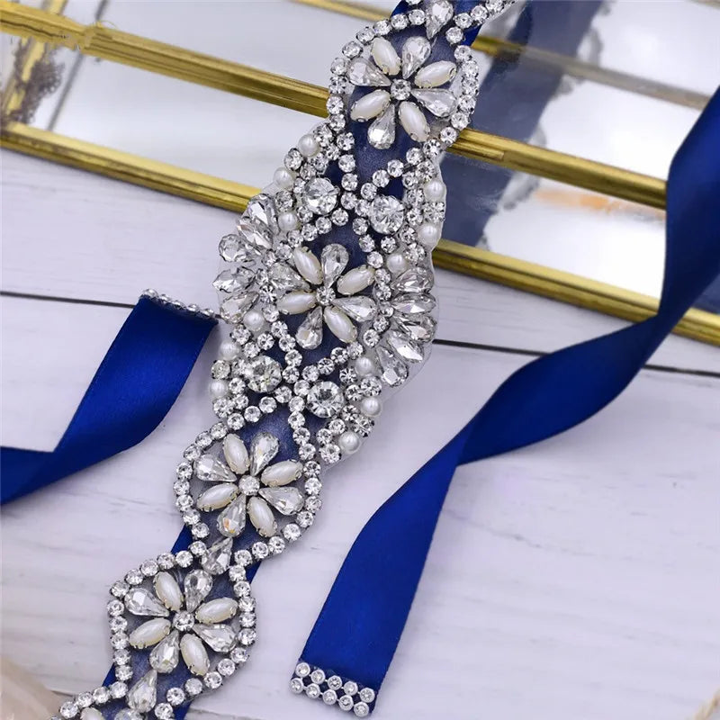 Bridal Belts Bling Wedding Women Handmade Jewelry Silver Rhinestone Pearl Crystal Sparkly Party Formal Dress Diamond Bride Sash