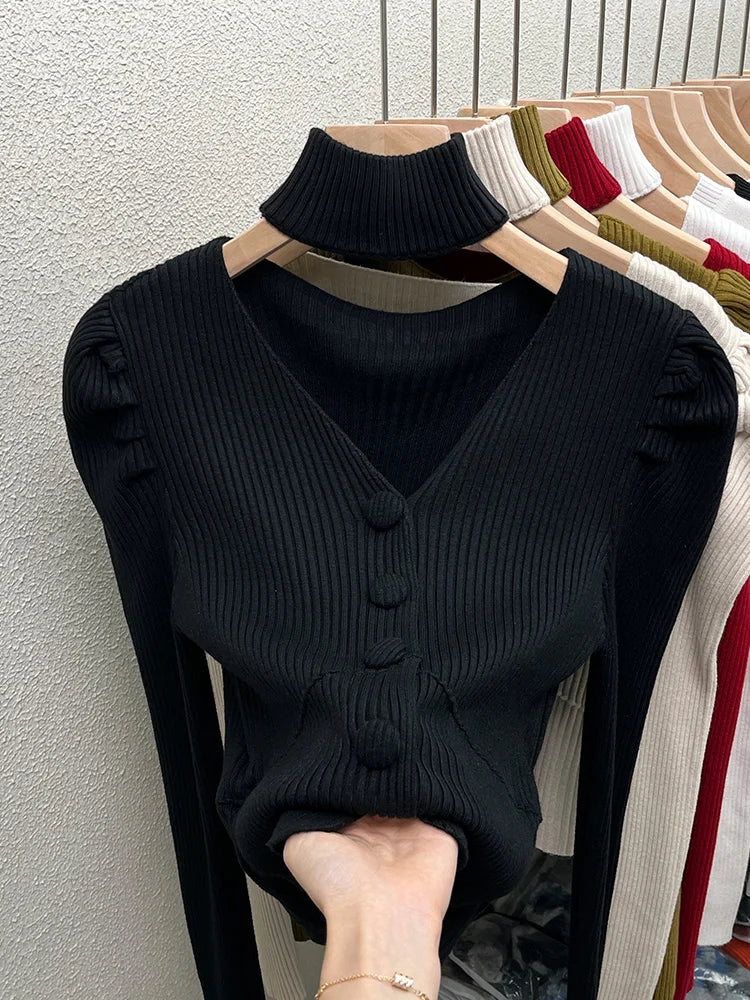 Red Sweater Knitted Sweater Women's Inner Layering Shirt with Unique Unique V-neck Halter Top Design for Autumn and Winter