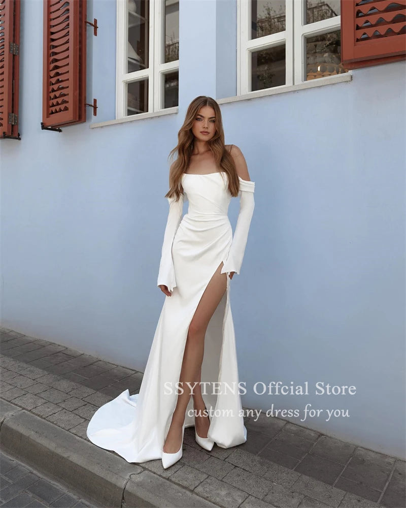 Beach Wedding Dresses For Bride Removable Long Sleeves Mermaid Wedding Gowns for Bride High Slit Custom Princess Bridal Gown