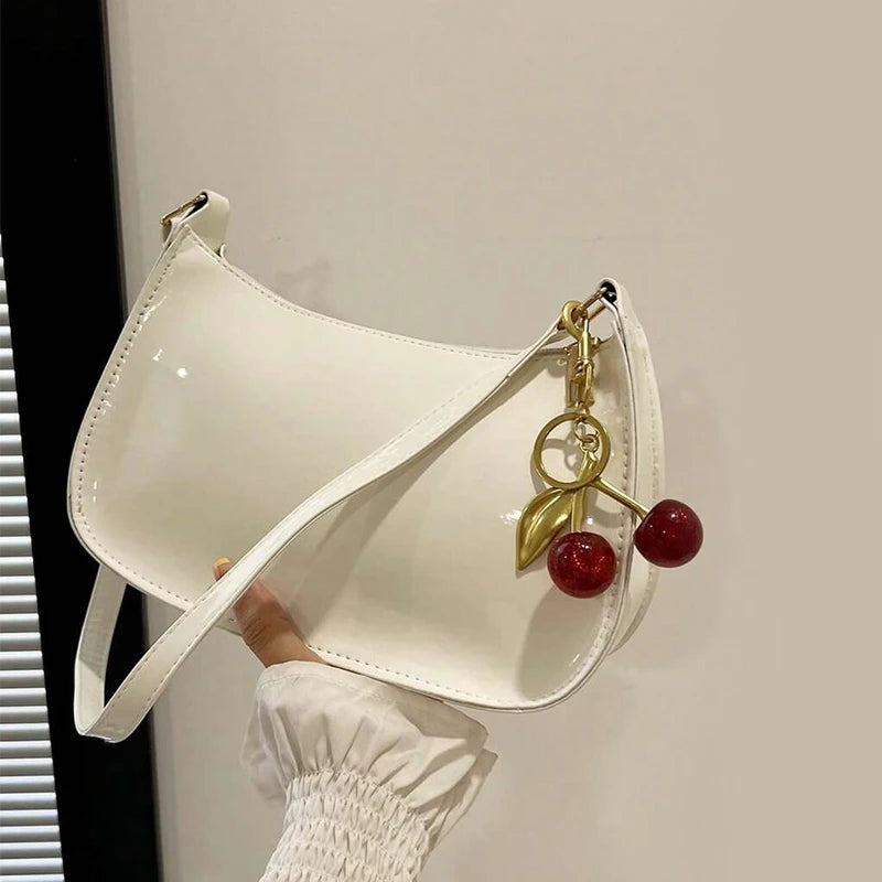 Vintage Retro Shoulder Bag for Women PU Leather Underarm Crossbody Ladies Casual Handbag Purse with Cherry Pendant