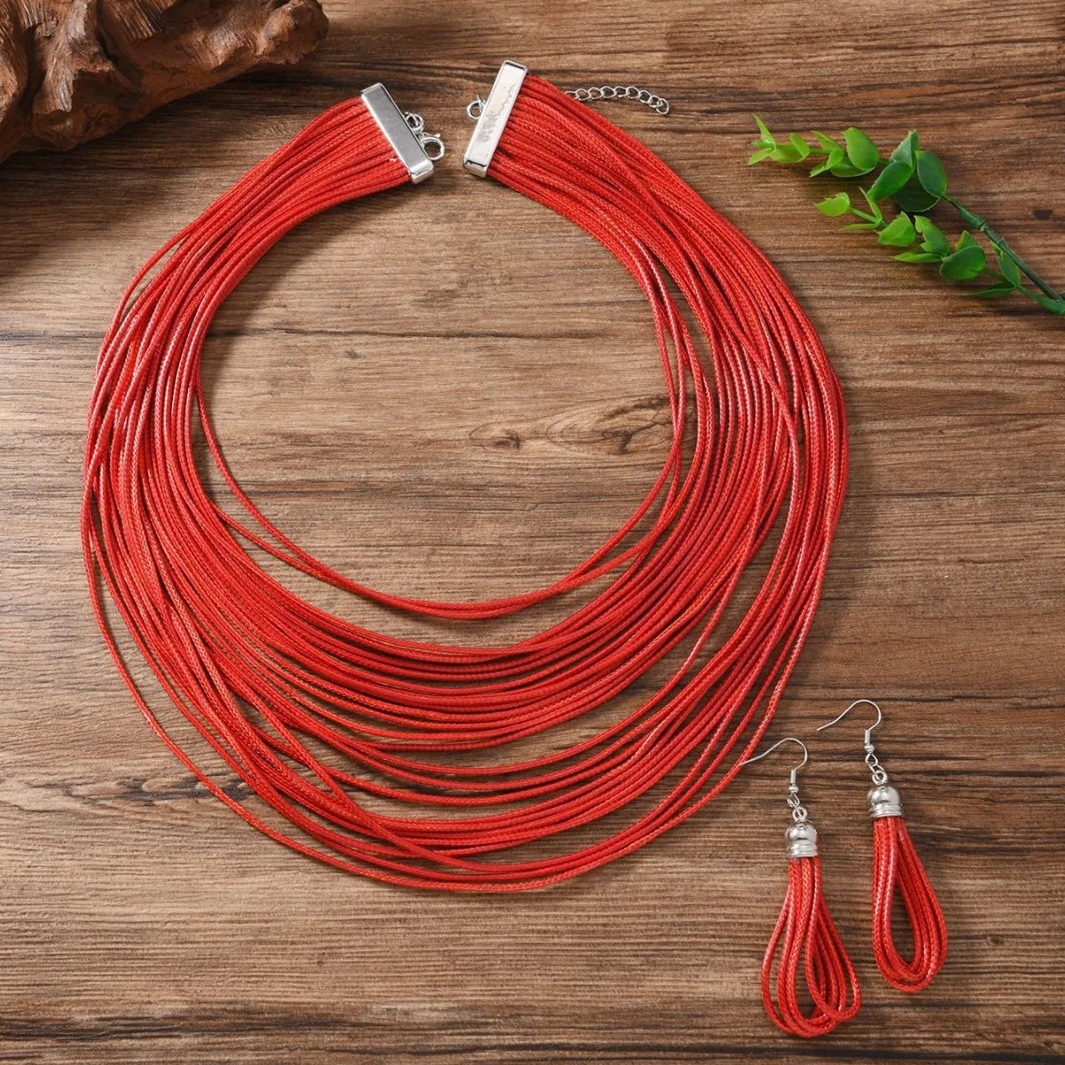 Jewelry Sets for Women, Multi-layer Wax Thread Hand-woven Necklace, Fashion and Personality Choker + Dangle Earrings