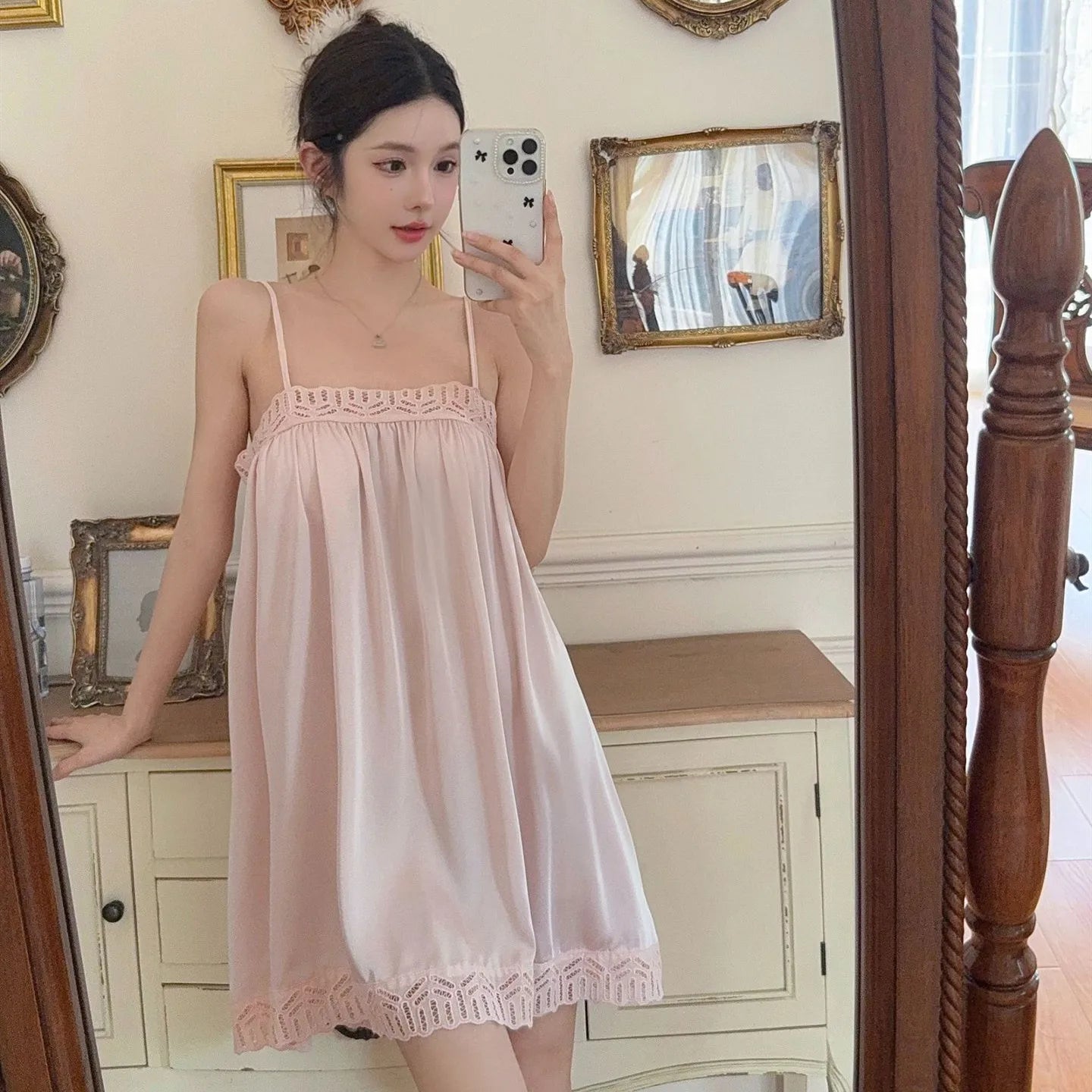 Sexy Nightie Woman Lace Trim Nightdress High Quality Satin Sleepwear Solid Color Soft Home Dress Female Silk Nightgown