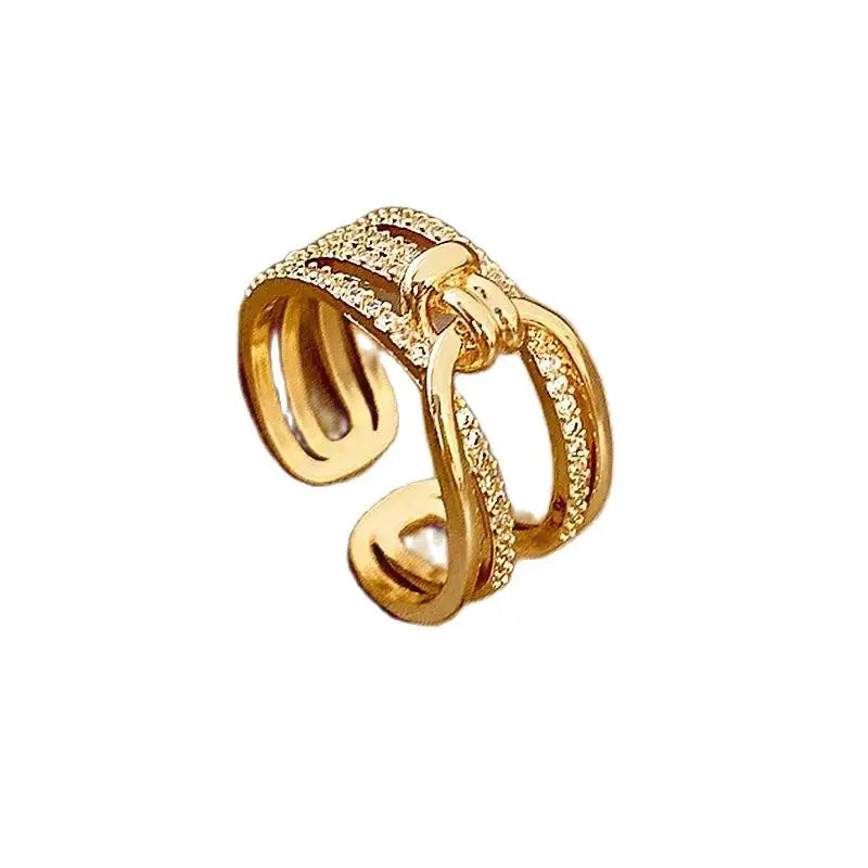 Irregular Hollow Opening Rings For Women Shiny Zircon Gold Color Copper Geometric Ring Fashion Simple Party Jewelry Gift