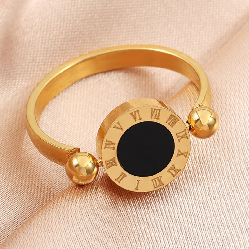 Classic Round Roman Numeral Reversible Rings For Women Men Black White Copper Metal Ring Party Daily Jewelry