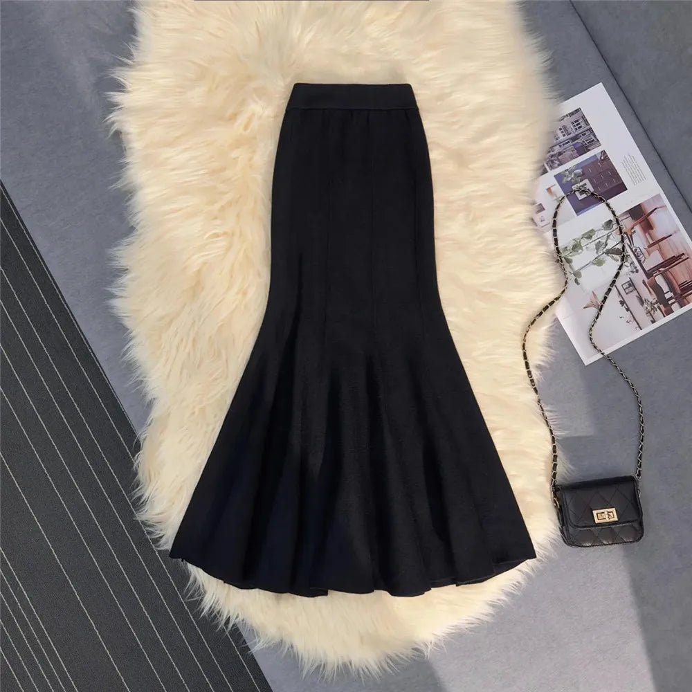 Knitting Skirts For Women Fashion High Waist Slim Trumpet Mermaid Skirts Office Ladies Casual Elegant Ankle Length Long Skirt
