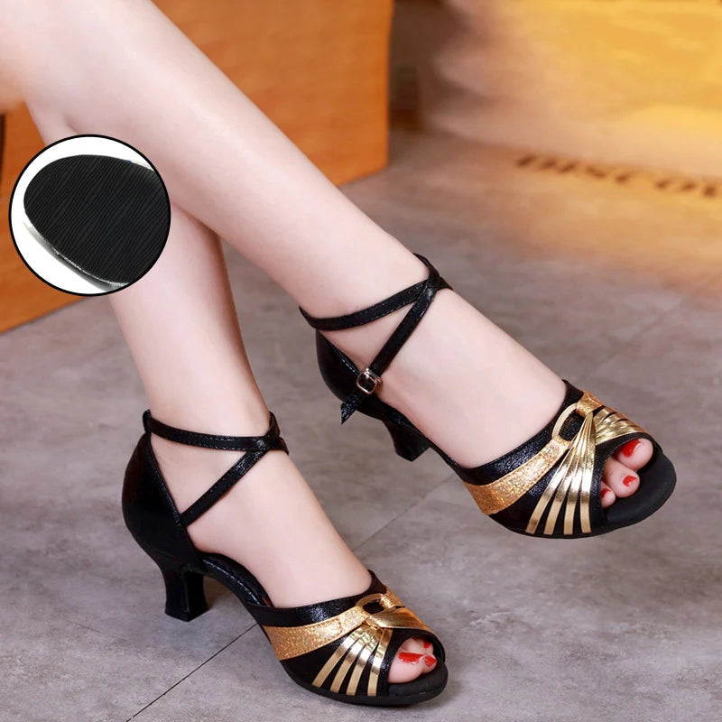 Women's Bachata Swing Salsa Latin Ballroom Dance Shoes Outdoor High Heels Peep Toe Performance Latin Dance Shoes for Woman