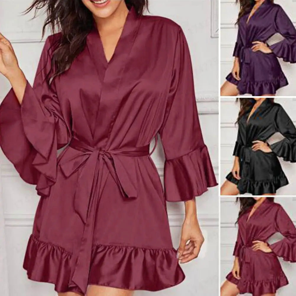 Women Sleeping Robes Silky Sleepwear Ruffle Lace Up Lady Sleeping Gown Smooth Surface Women Nightdress Sleeping Clothes