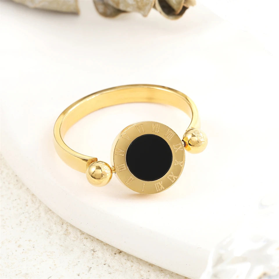 Classic Round Roman Numeral Reversible Rings For Women Men Black White Copper Metal Ring Party Daily Jewelry