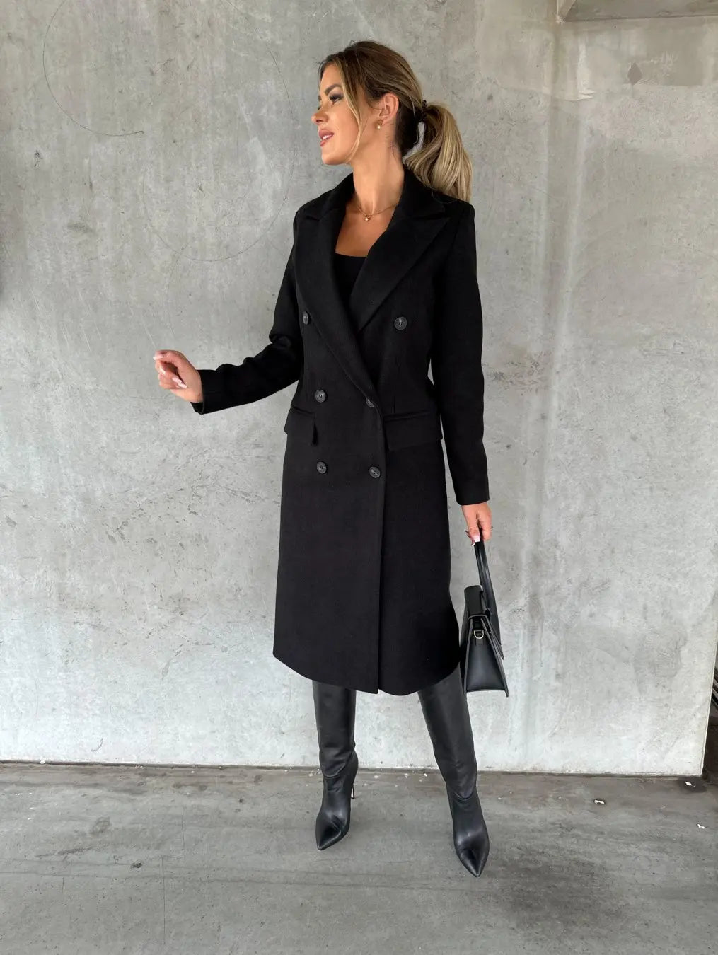 Women Double Breasted Woolen Outerwear Solid Color Long Overcoat Commuter Style Turndown Collar Lady Outerwear for Autumn Winter