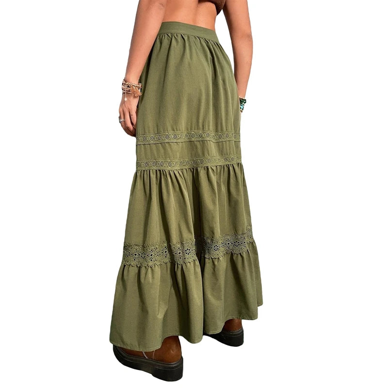 Skirts For Woman Green Pleated Skirts Korean Fashion Holiday Boho Waist Long Skirts Retro Y2K Fairycore Cute Lace Trim Clothes