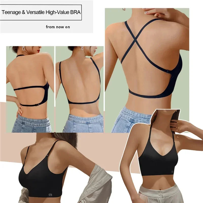 Women Invisible Bra Deep U Plunge Bras Backless Top for Dresses Sexy Lingerie with Transparent Strap Push Up Strapless Underwear