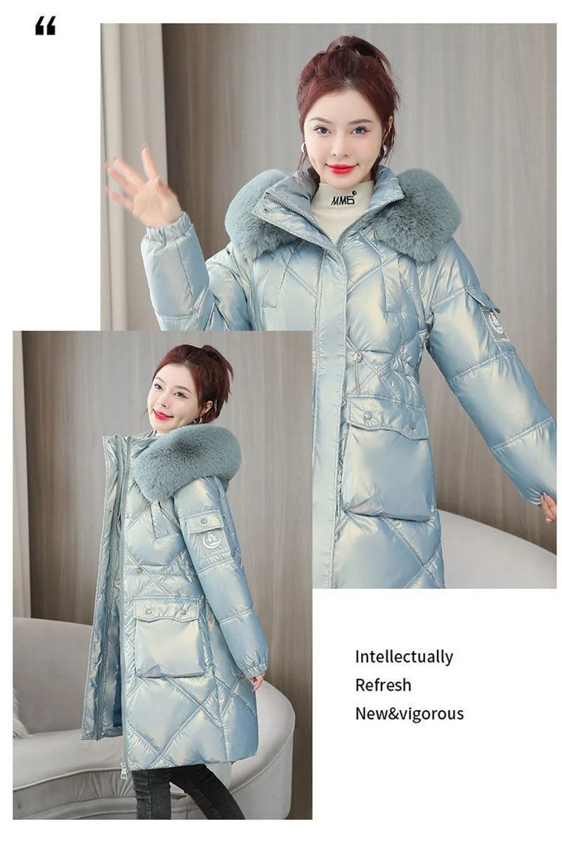 Champagne Winter Jacket Parkas Women Coat Fur Collar Hooded Overcoat Female Jacket Thick Warm Cotton Padded Puffer Parka Outwear