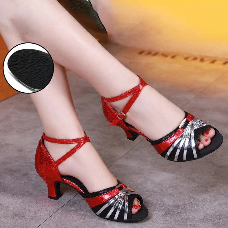 Women's Bachata Swing Salsa Latin Ballroom Dance Shoes Outdoor High Heels Peep Toe Performance Latin Dance Shoes for Woman