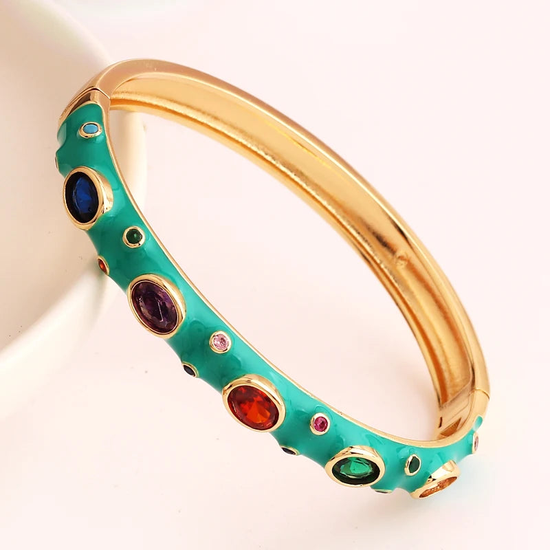 Luxury Colorful Enamel Bangles Bracelets for Women Party Gift Fashion Rainbow Zircon CZ Bangles Original 18K Gold Plated Jewelry