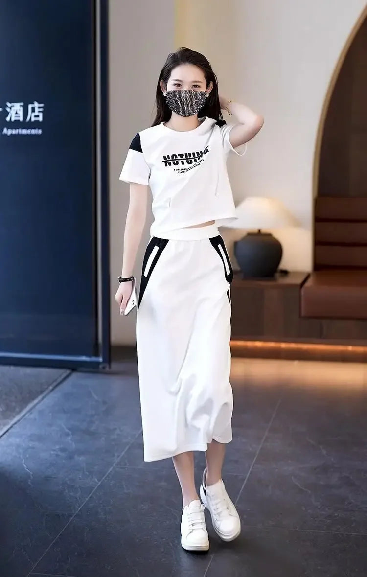 Women's Two Piece Set Short Sleeve Lightly Cooked Slit Skirt Luxury Designer Clothing Y2k Clothes Top and Bottom Female Outfits
