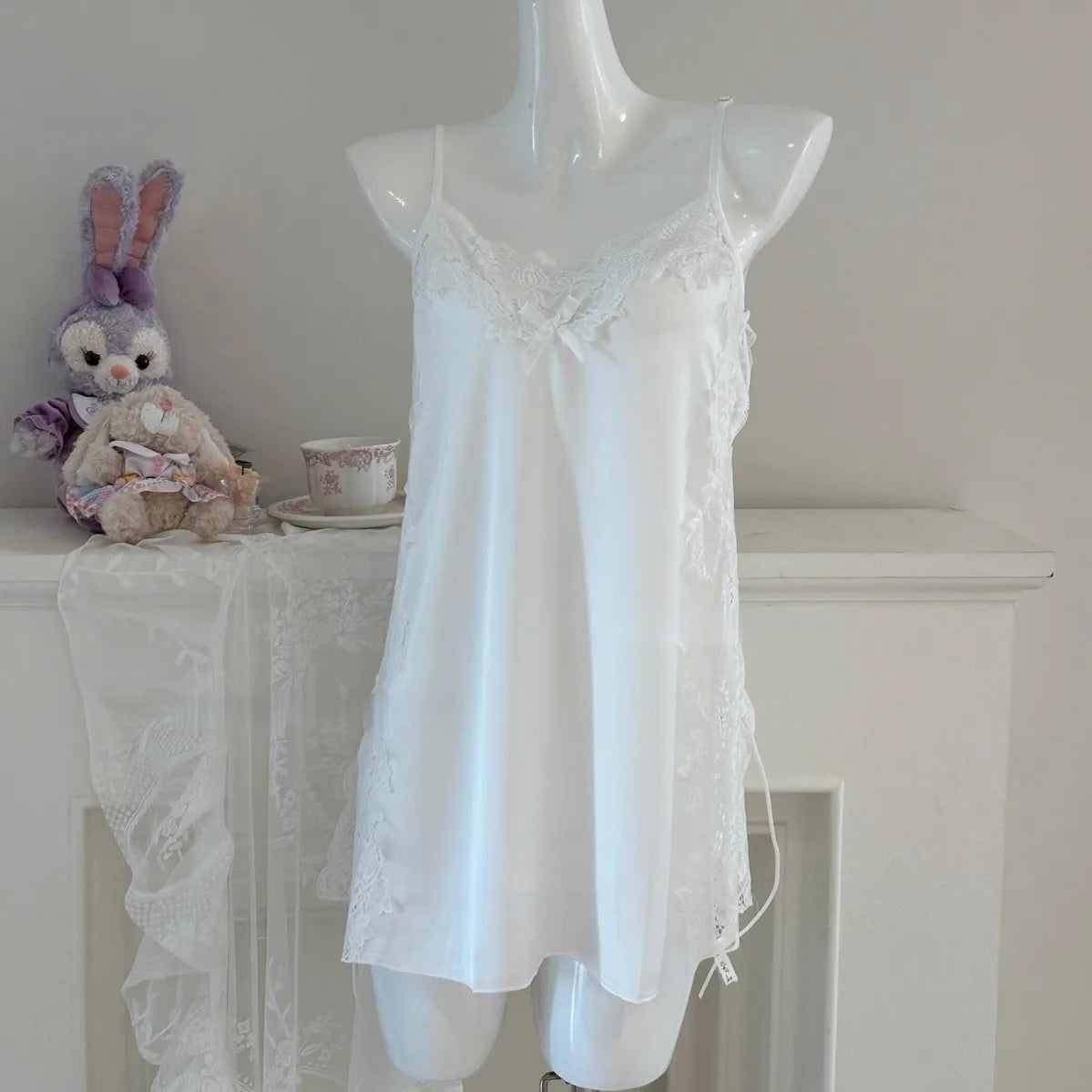 Satin Nightgown Lady Sexy Bowknot Lace Lingerie Spaghetti Strap Night Dress For Women Nighties Sleeveless Sleepwear Nightwear