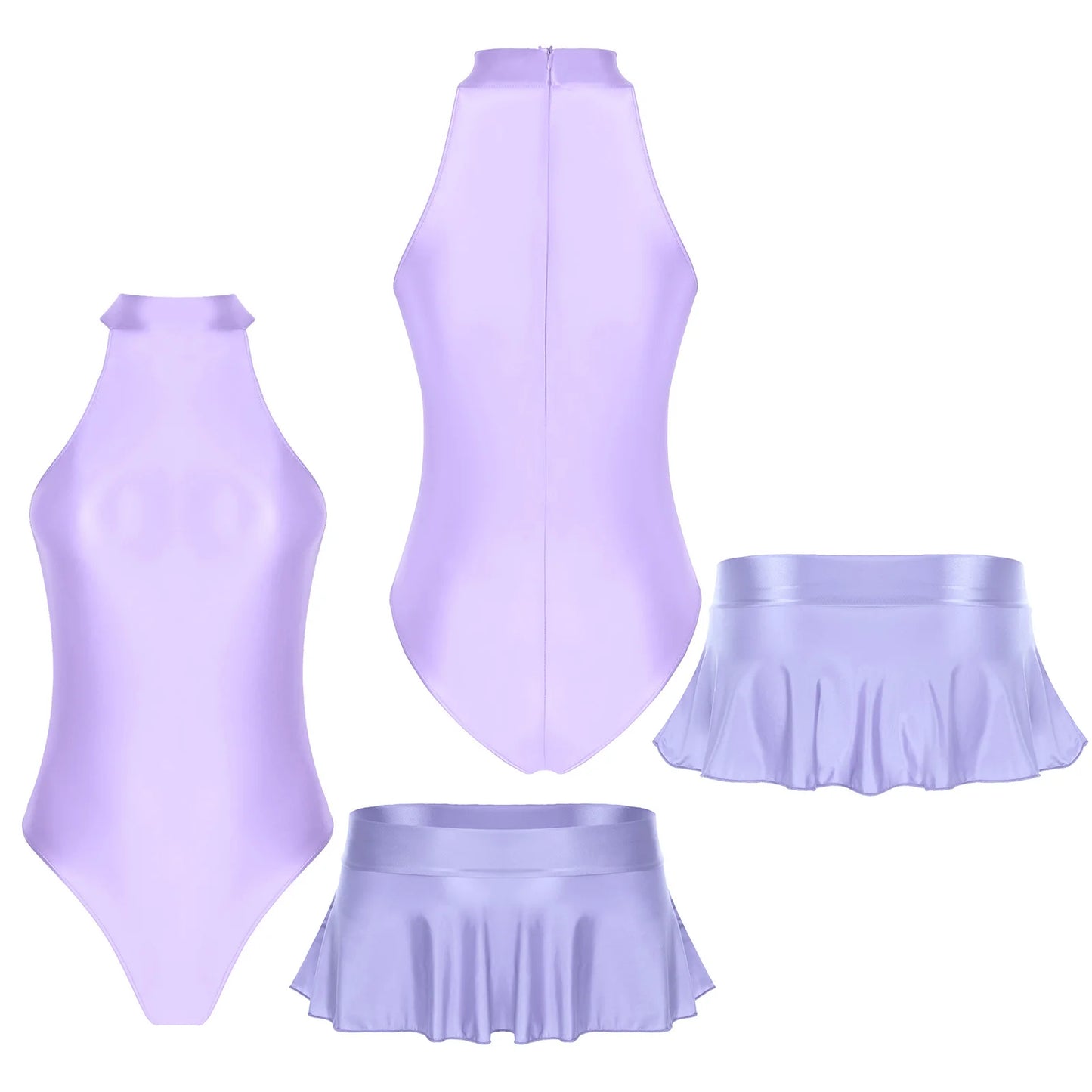 Women Glossy Bodysuit Swimsuit Set Elastic Sleeveless High Cut Leotard with Ruffled Mini Skirt Swimming Bathing Suit Swimwear