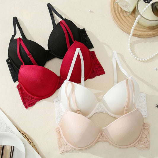 Large Size Bra for Women Non-underwire Gathering Lace Trim Lingerie Deep V Sexy Anti Sagging Push Up Underwear