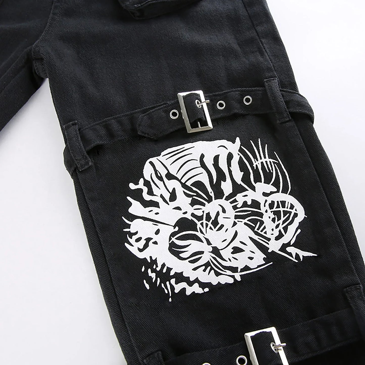 Women'S Trousers Low-Rise Gothic Jeans Street Washed Print Style Cool Loop Pants Retro Hip Hop Wide-Leg Pants Fashion